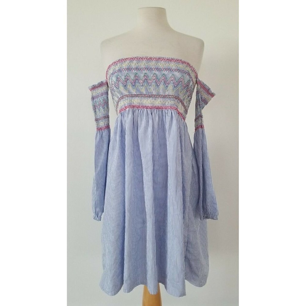 Rebellion Light Blue and White Stripes Dress Bare Shoulders Long Sleeves Size S
